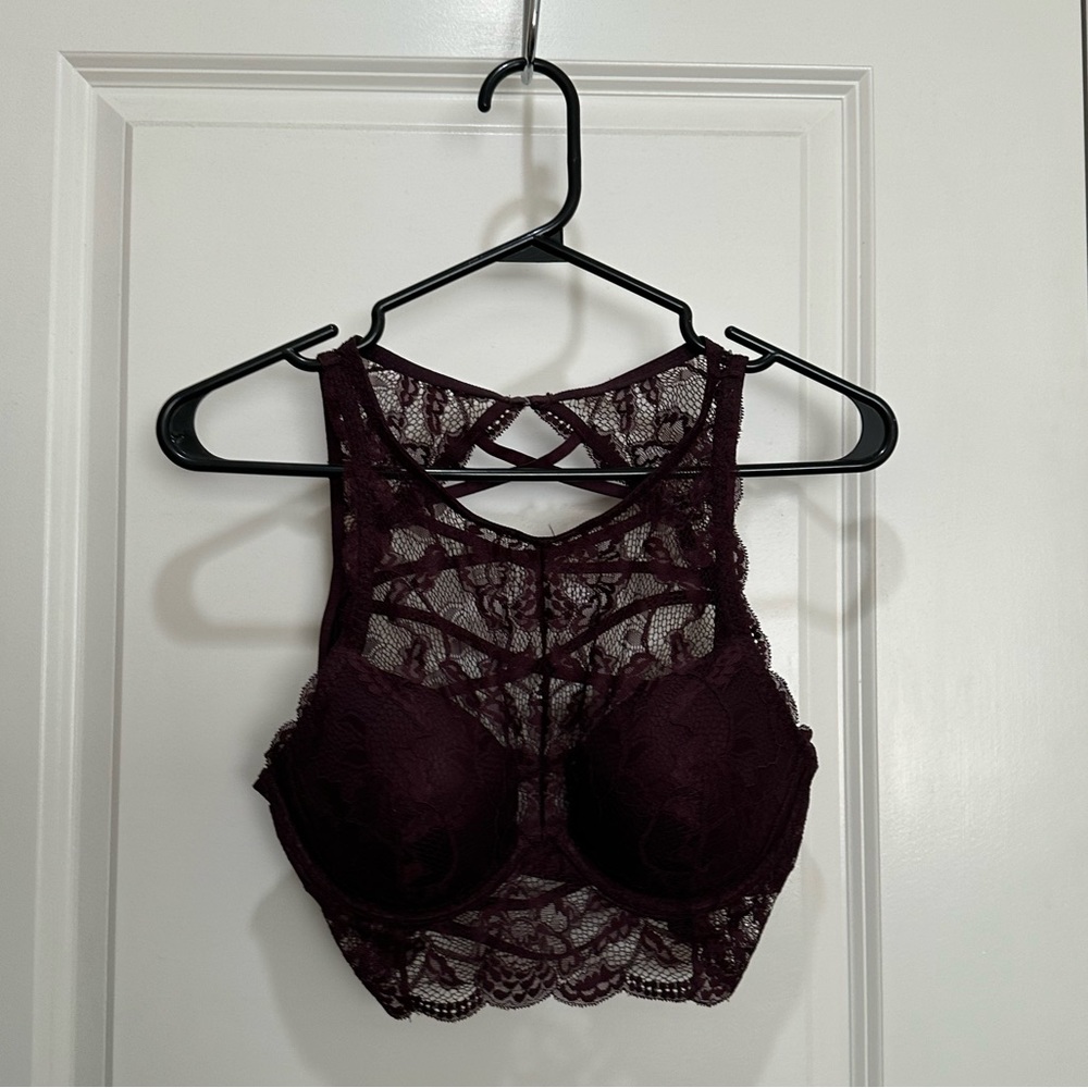 La Senza Lace Cropped Corset Back Bralette in Deep Aubergine